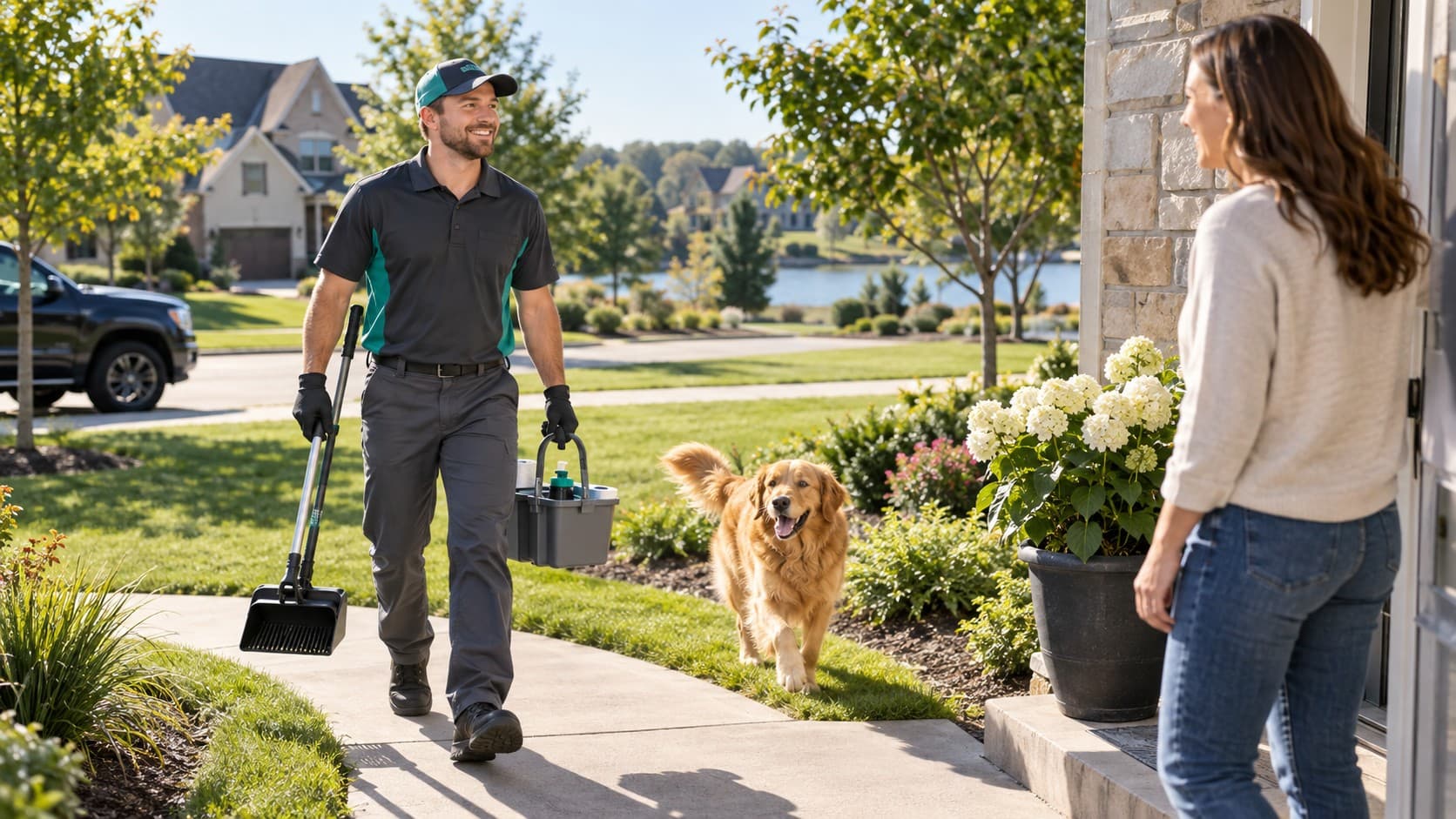 Scoop N Dash technician removing pet waste from a lawn