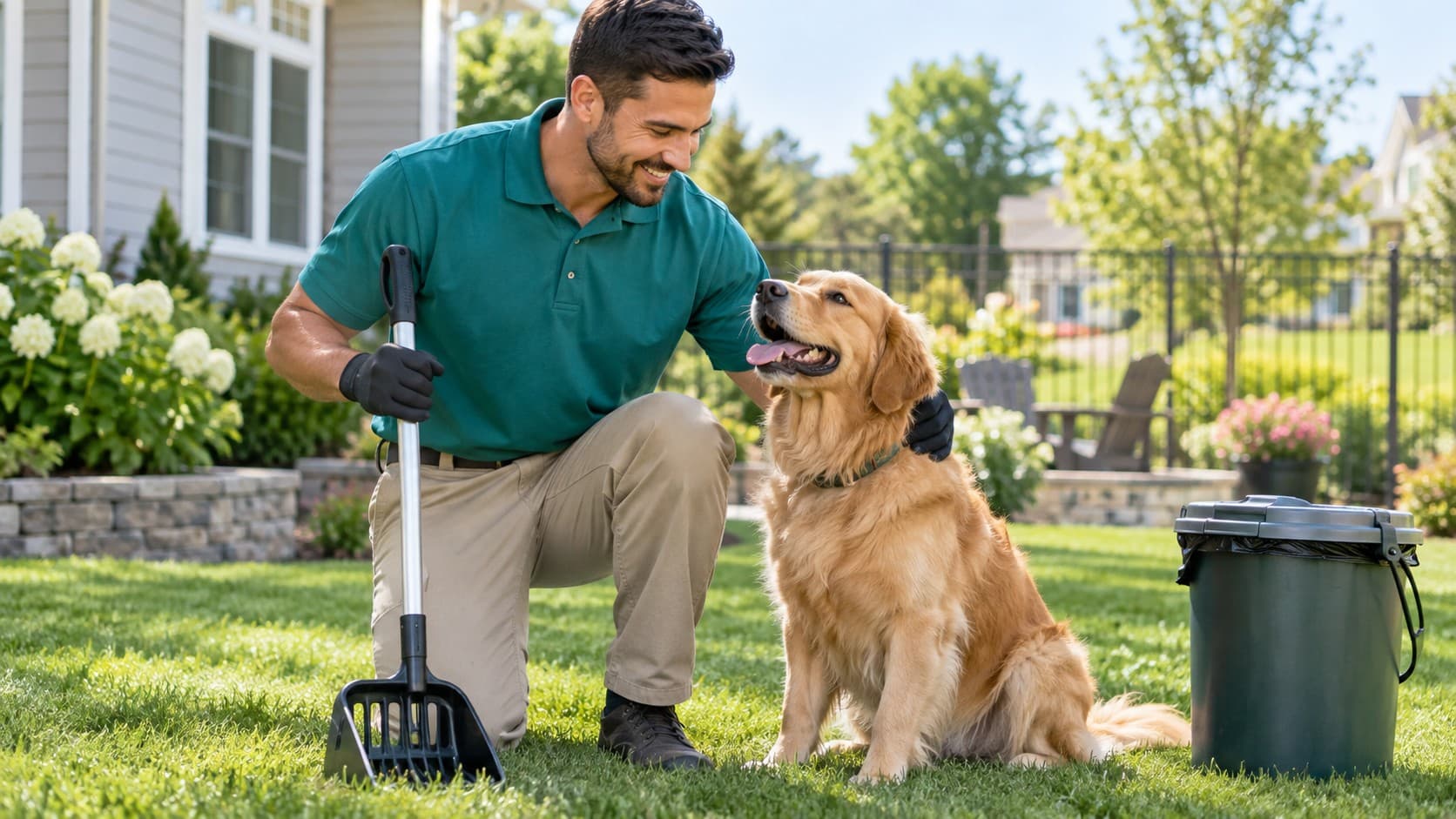 Scoop N Dash technician with a golden retriever in a Brookfield-area yard
